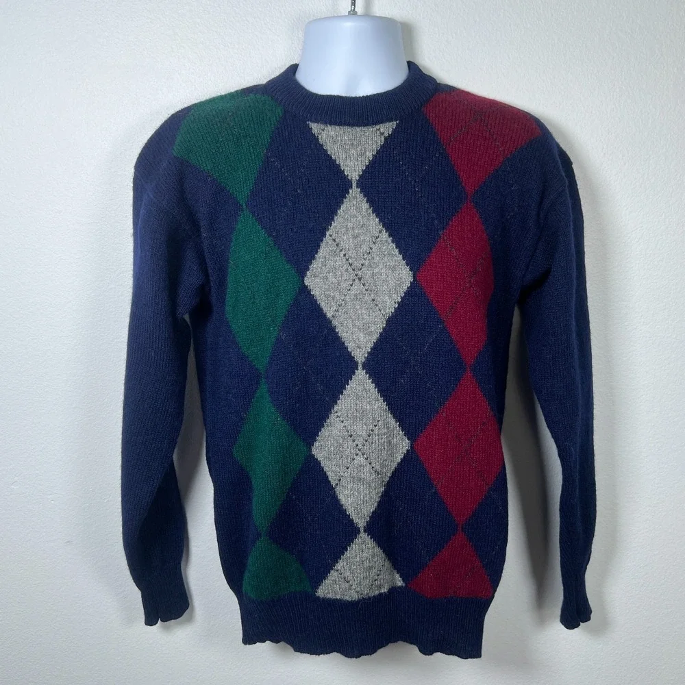 Vintage Mens 90s Argyle Shetland Wool Sweater Sz M Preppy Golf Ski Retro Classic